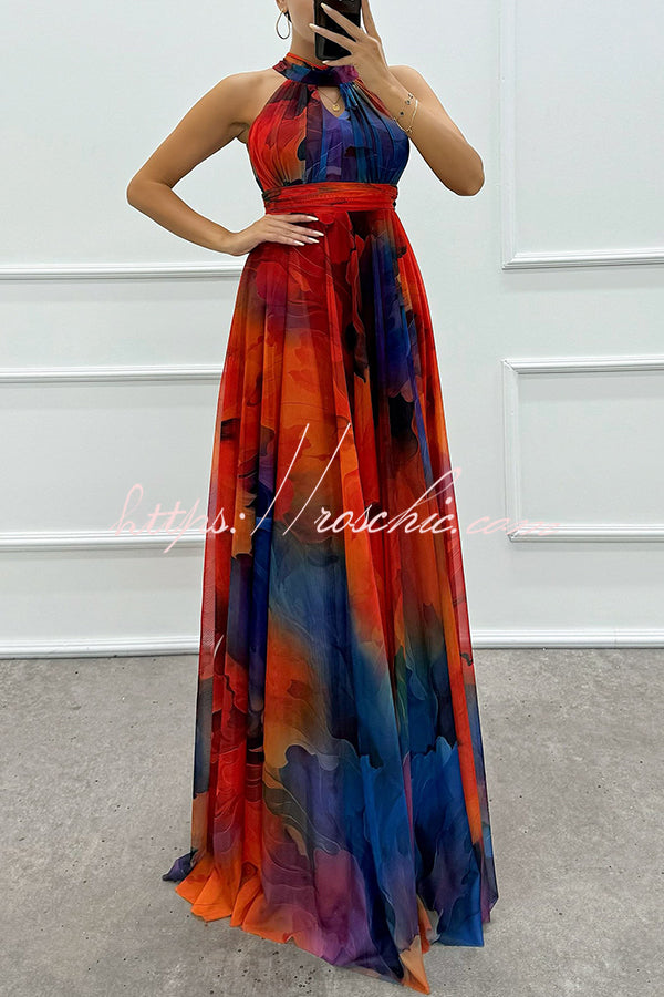 Elaine Tulle Floral Splash Print Cutout Halter Tie-up Neck Gown Maxi Dress