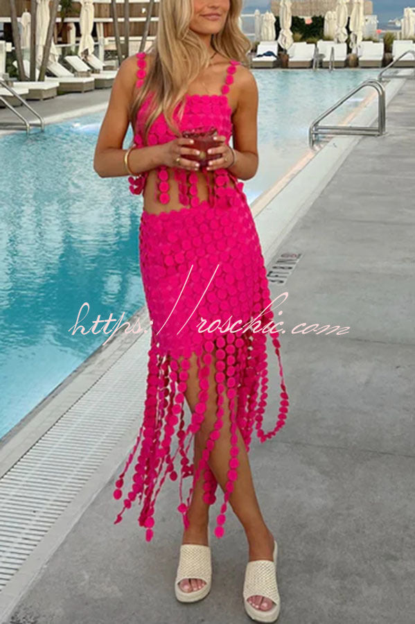 Caitlin See Through Circle Embroidery Elastic Waist Tassle Hem Maxi Skirt