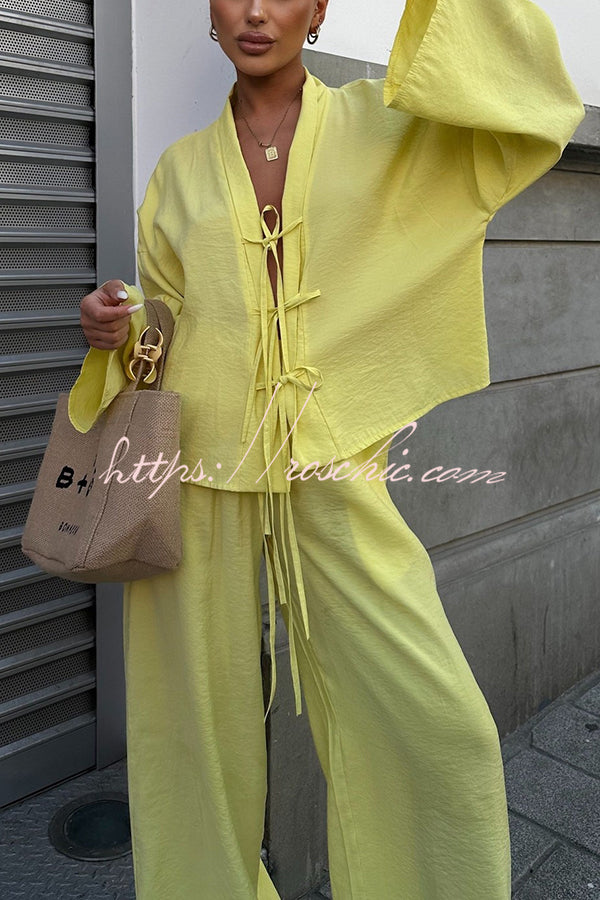 Stylish Loose Tie Shirt and Elastic Waist Wide-leg Pants Set