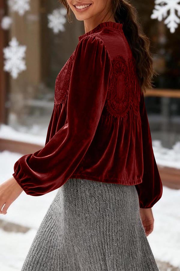 Fashionable Velvet and Lace Patchwork Loose Long-sleeved Top