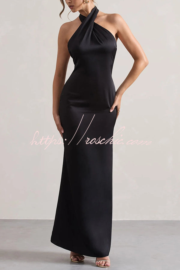 Solid Color Halter Neck Tie Sexy Backless Slim Maxi Dress