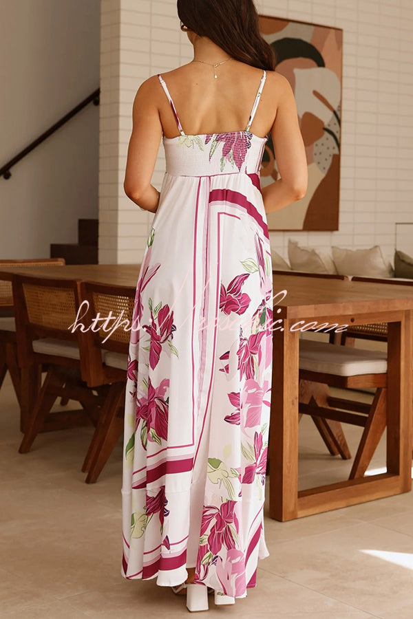 Botanical Print Halter Square Neck Pleated Loose Maxi Dress