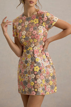 80's Inspired Floral Print Sequin Short Sleeve Stretch Mini Dress, Pink / L 80's Inspired Floral Print Sequin Short Sleeve Stretch Mini Dress, Pink / L