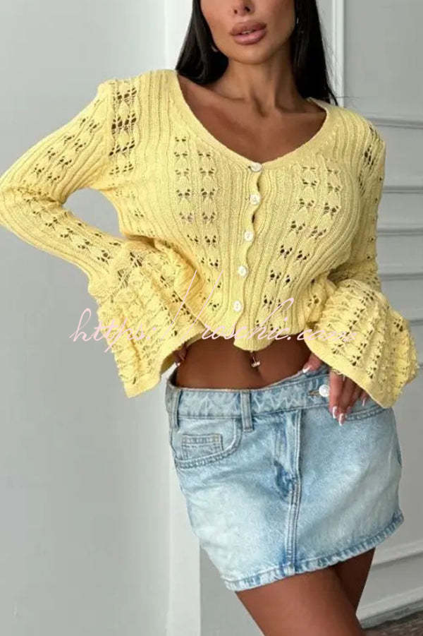 Fashion Hollow Button Long Sleeve V-neck Knitted Cardigan