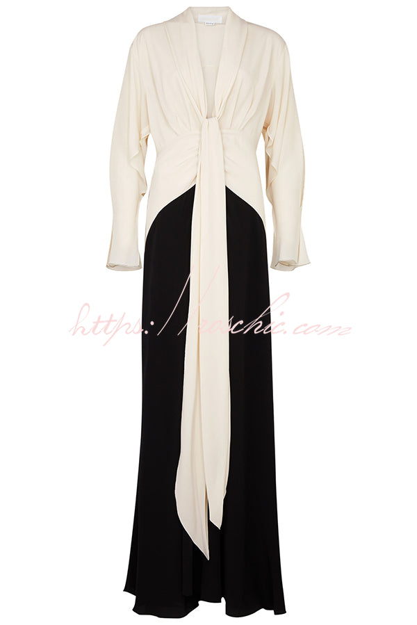 Fashion Contrast Color V-neck Tie High Waist Drape Maxi Dress