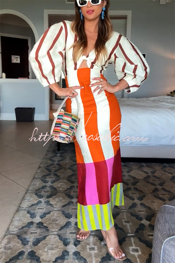 Kaya Linen Blend Color Block Print Front Cutout Knot Puff Sleeve Maxi Dress Kaya Linen Blend Color Block Print Front Cutout Knot Puff Sleeve Maxi Dress