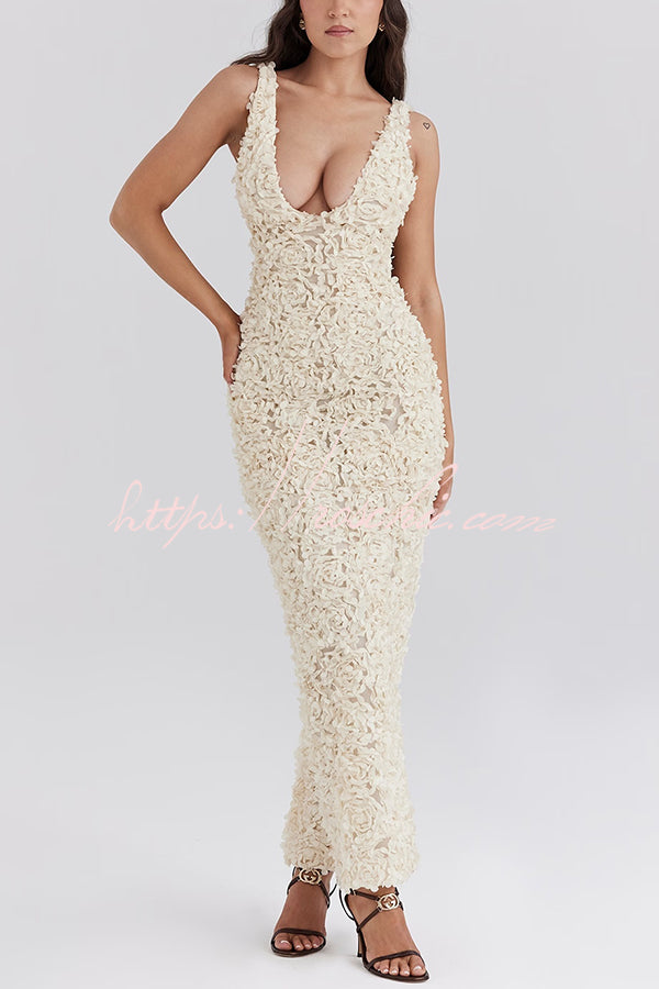 Three-dimensional Flower Sexy V-neck Slim Maxi Dress