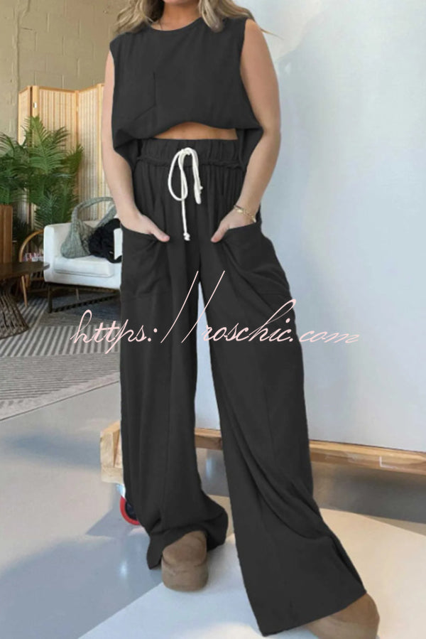 Best Comfort Pocketed Tank Top and Elastic Waist Wide Leg Pants Set