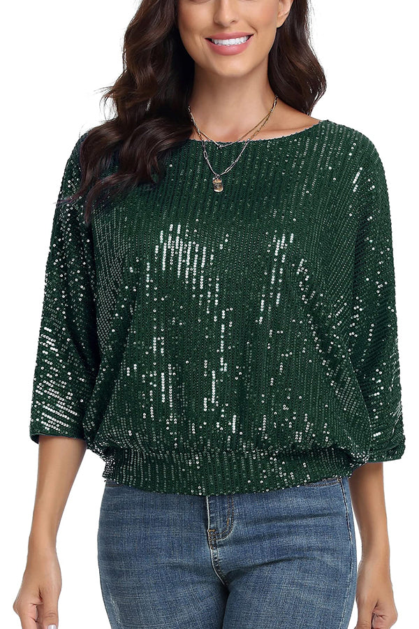 Solid Color Sequined Loose Round Neck Casual Top