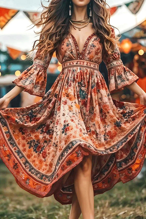 Bohemian Floral Print V-neck Waist Midi Dress