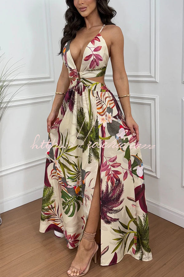 Seinah Floral Print Cutout Waist Open Back Lace-up Slit Maxi Dress Seinah Floral Print Cutout Waist Open Back Lace-up Slit Maxi Dress