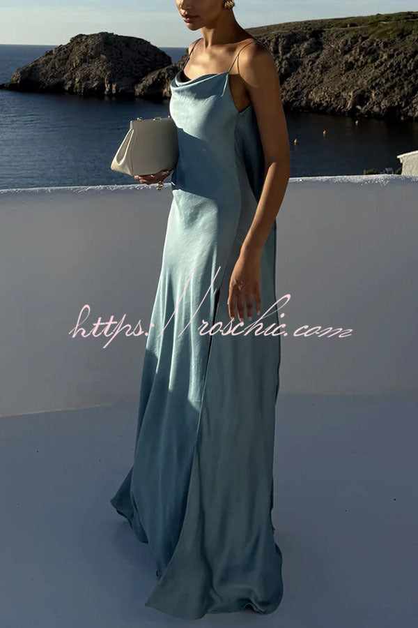 Flowing Elegance Satin Draped Neck Backless Ruffle Slit Maxi Dress