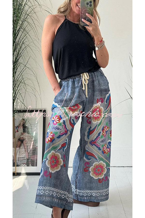 Hippie Style Unique Floral Denim Print Elastic Waist Pocketed Wide Leg Pants