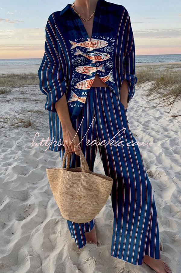 Unique Ocean Print Oversized Shirt and Elastic Waist Pocket Pants Set