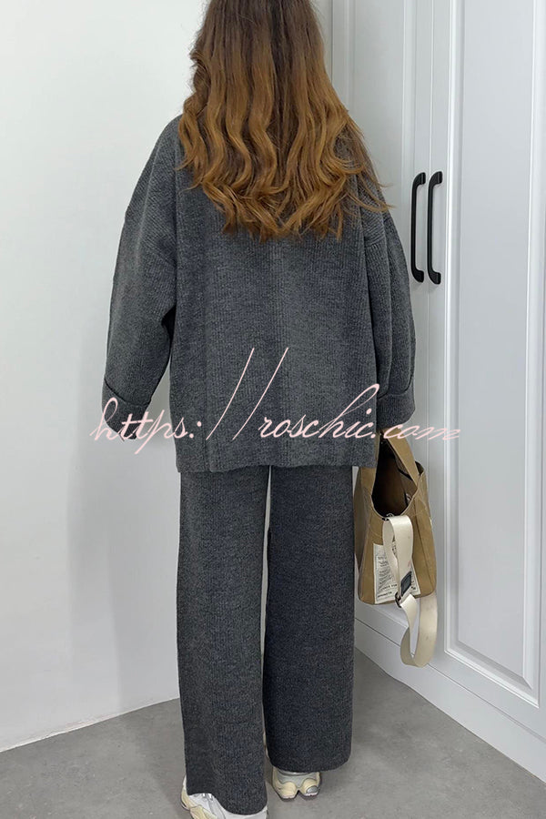 Solid Color Loose Long-sleeved Knit Top and Elastic Waist Casual Straight Leg Pants Set