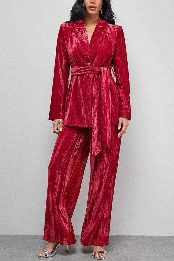 Solid Color Velvet Long-sleeved Waist Tie Top and Elastic Waist Casual Pocket Straight-leg Pants Set