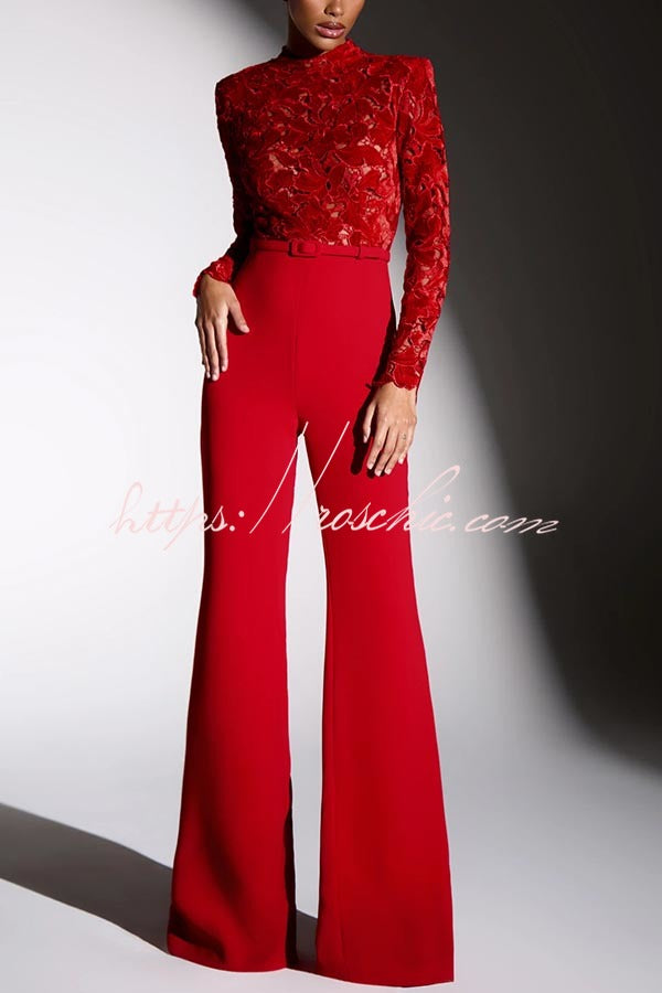 Eleanor Embroidered Floral Lace Long Sleeve Patchwork Belt Flare Jumpsuit