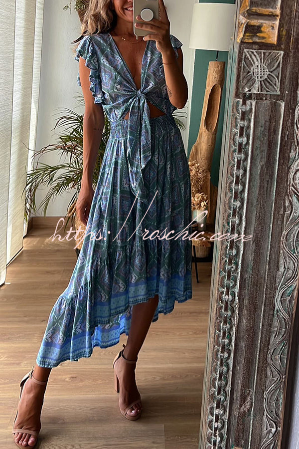 Libby Hippie Boho Printed Tie Front Ruffle Sleeve Smocked Waist Midi Dress