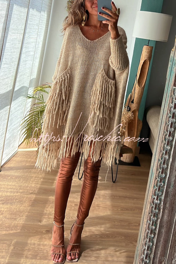 Coming with You Knit Tassel Trim Pocketed Loose Sweater-1