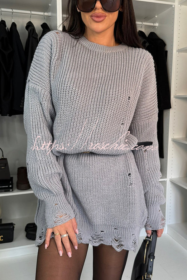 Solid Color Loose Ripped Knitted Mid-length Sweater