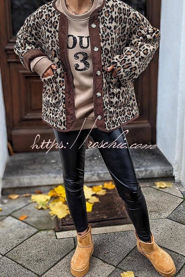 Warm Feel Colorblock Leopard Print Plush Button Up Pocketed Teddy Jacket