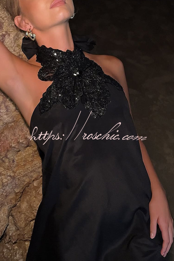 Floral Embellished Satin Halterneck Backless Resort Maxi Dress