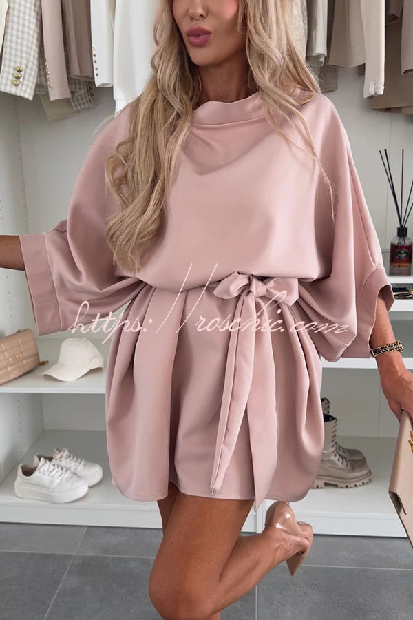 Solid Color Loose Round Neck Belted Mini Dress