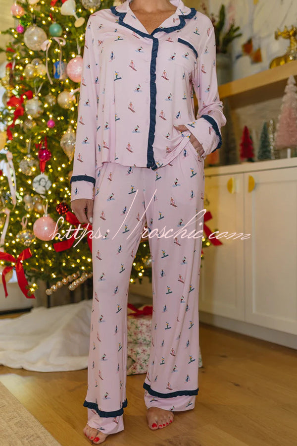 Postcards To Santa Unique Print Ruffles Trim Pocket Shirt and Elastic Waist Pajama Set