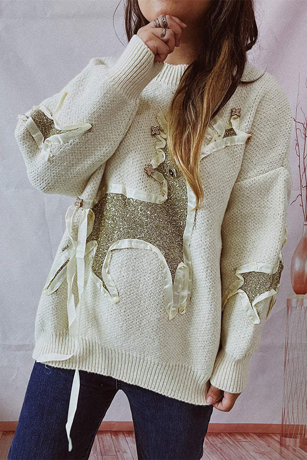 Christmas Pattern Knitted Crew Neck Long Sleeved Sweater