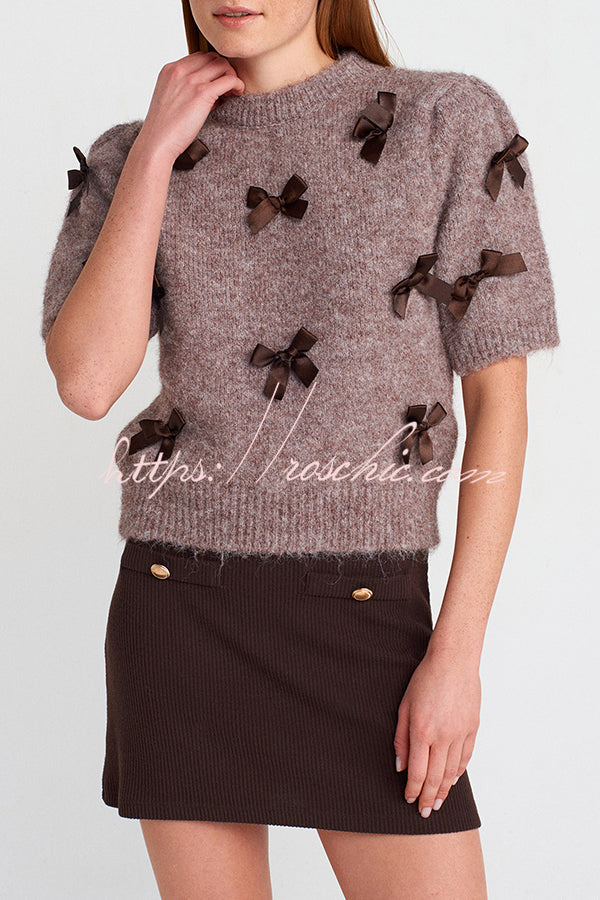 Jensin Knit Satin Bow Detail Short Sleeve Crop Sweater (Shipped Within 24 Hours)