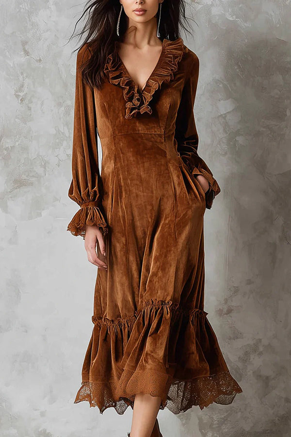 Fashionable Velvet Lace Patchwork V-neck Ruffle Midi Dress