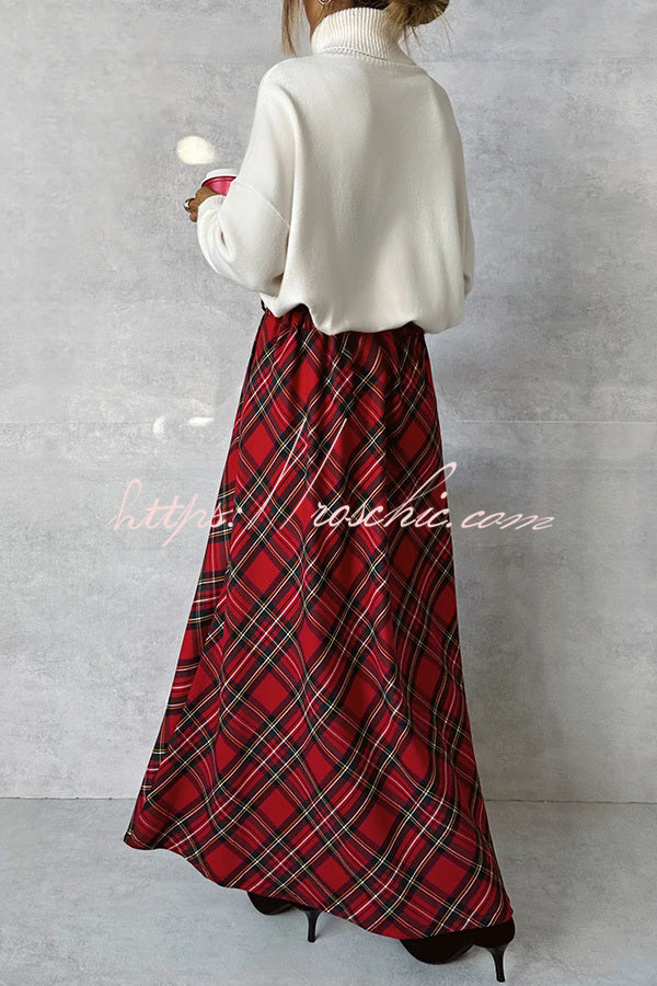 Field of Dreams Plaid Elastic Waist Side Pocket Maxi Skirt