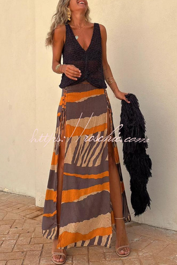 Bendita Colorblock Print Elastic Waist Side Lace-up Slit Maxi Skirt