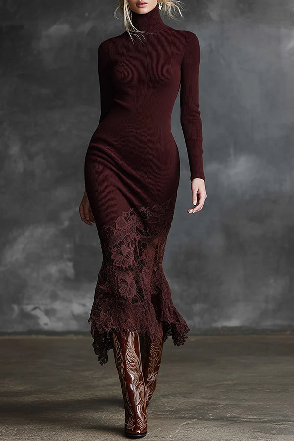 Elegant High-neck Long-sleeved Lace-hemmed Fitted Knit Midi Dress