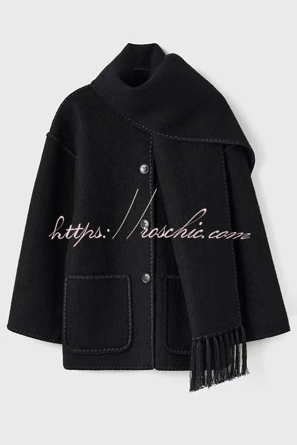 Stylish Loose Pocket Long Sleeve Coat and Warm Fringed Scarf