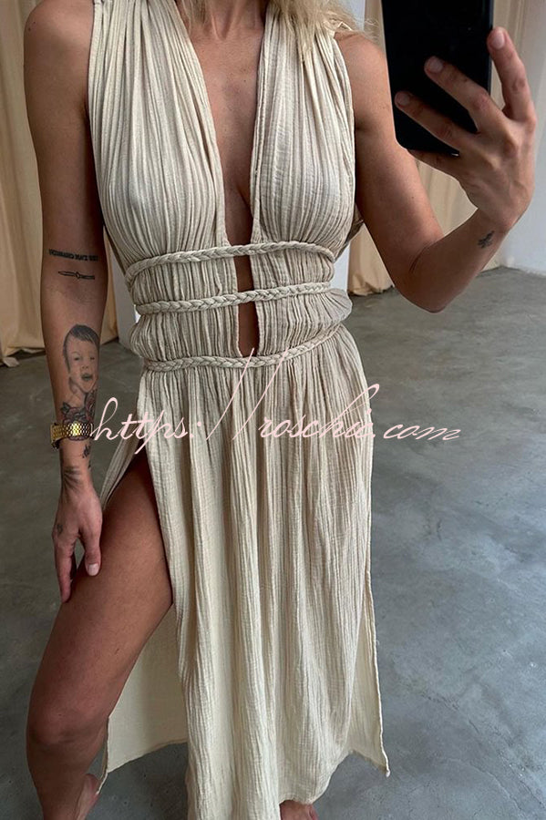 Boho with Elegance Linen Blend Braids Belt Cutout Slit Kaftan Maxi Dress