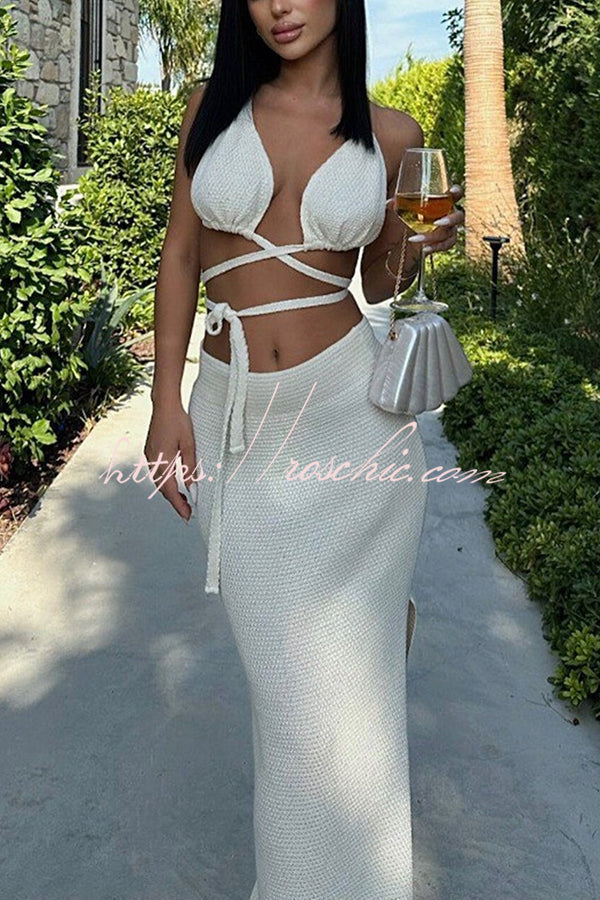 Solid Color Sexy Lace-up Swimsuit and Knitted Elastic Slit Beach Maxi Skirt Set