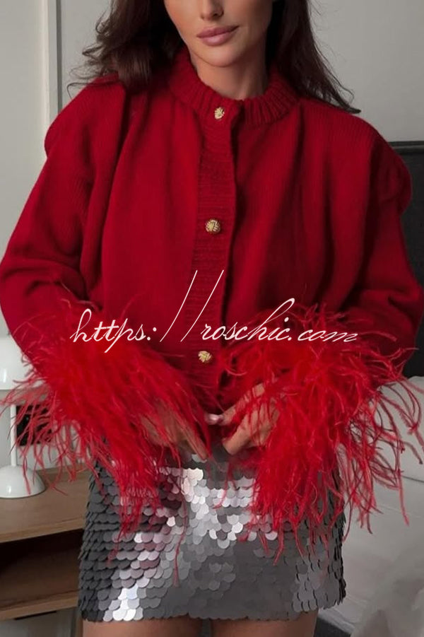 Solid Color Elegant Feather Long Sleeve Casual Knitted Cardigan