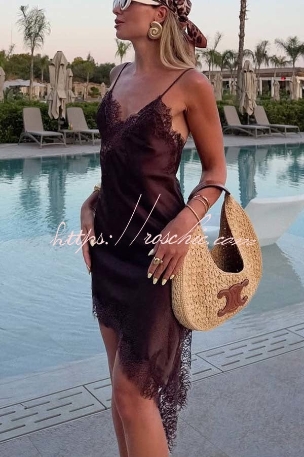 Elouise Satin Lace Trim V-neck Asymmetrical Hem Slip Mini Dress