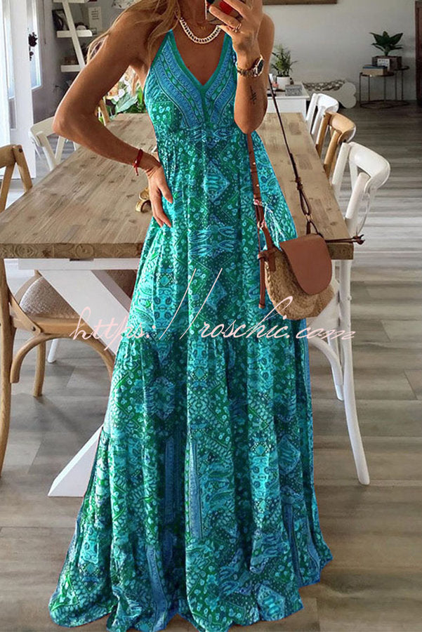 Celeste Boho Printed Strap Elastic Waist Maxi Dresses