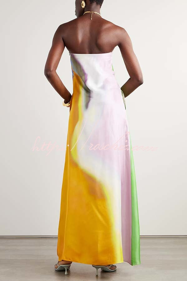 Artistic Rainbow Satin Watercolor Print Off Shoulder Pocketed H-line Maxi Dress