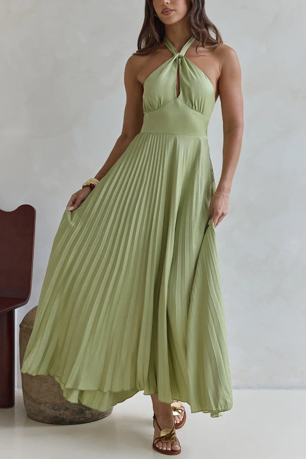 Solid Color Halter Neck Hollowed-out Casual Pleated Holiday Maxi Dress –  roschic