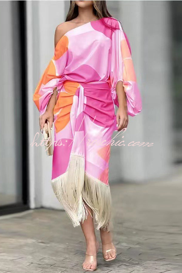Unique Printed Balloon Sleeve Loose Top and Fringed Hem Skirt Set