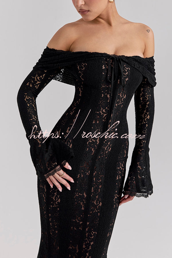 Outline The Curve Floral Lace Off Shoulder Bell Sleeve Stretch Maxi Dress