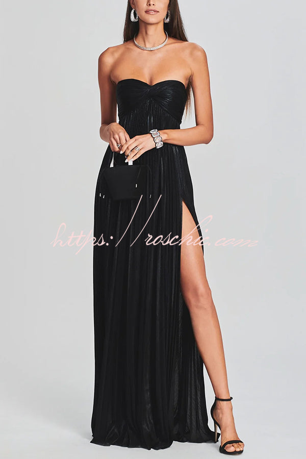 Metallic Sexy Tube Top Pleated High Slit Maxi Dress