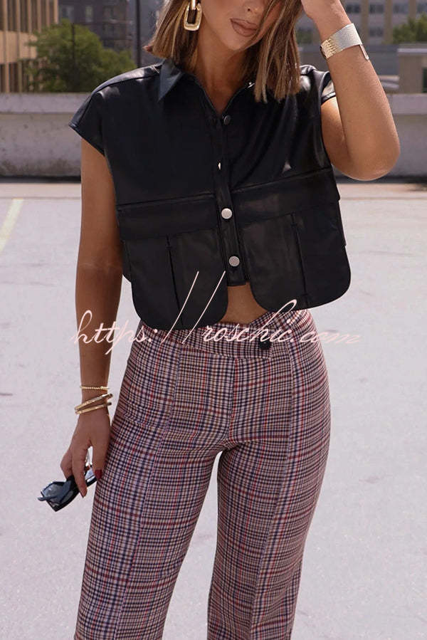 Fashion Faux Leather Pocket Sleeveless Cropped Jacket