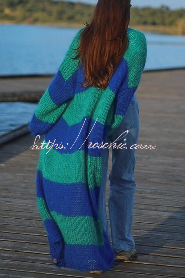 Fashionable Contrast Stripes Lazy Style Loose Long Knitted Cardigan