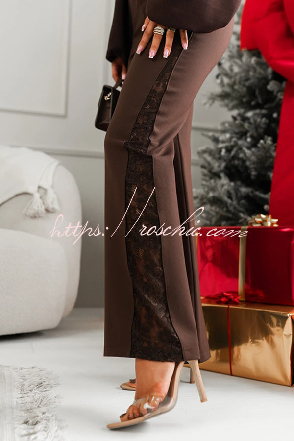 Joelie High Rise Elastic Waistband Side Lace Patchwork Flare Pants