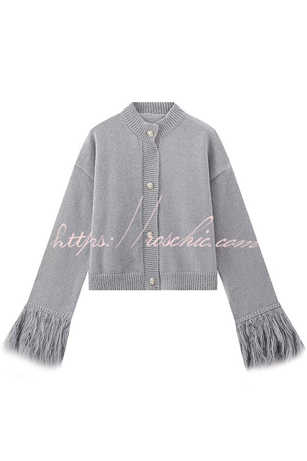 Solid Color Elegant Feather Long Sleeve Casual Knitted Cardigan