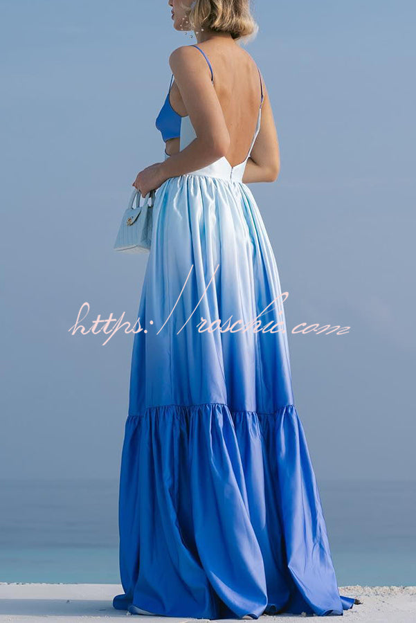 Ocean Breeze Gradient Color Print Cutout Waist Tiered Maxi Dress